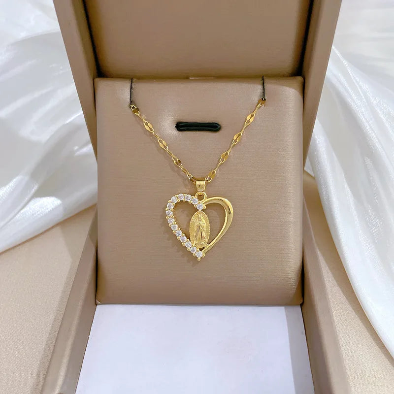 Stainless Steel Crystal Heart Virgin Mary Necklace for Women Amulet Gold Plated Necklace Religious Jewelry Our Lady of Aparecida