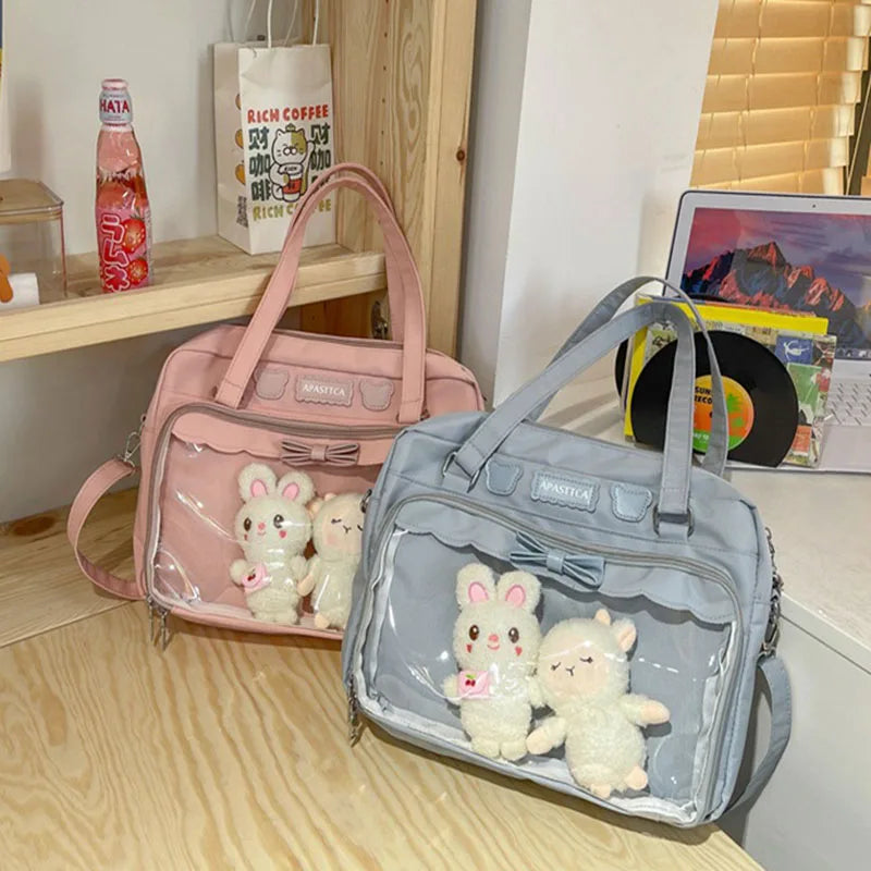 Pink Bear Ita Bag Bow for Dolls Women Cute Shoulder Bag Clear Pocket Japanese Kawaii Transparent Handbag for Teenage Girls