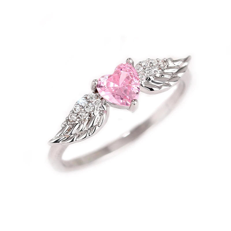 Huitan Chic Angel Wing Ring Female Engagement Jewelry Romantic Heart Pink Zirconia Finger Accessories Delicate Love Accessories