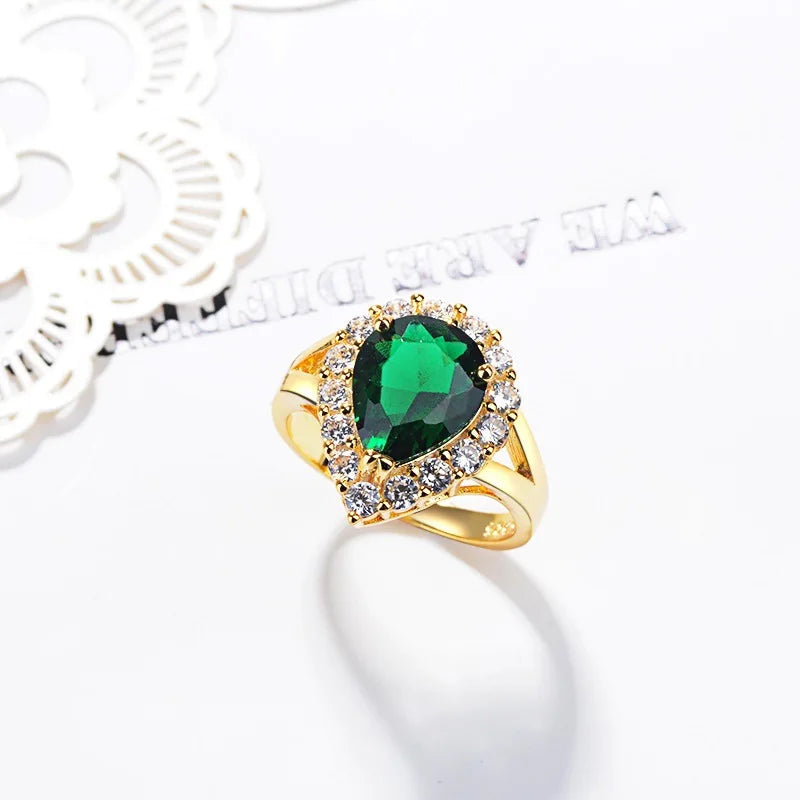 Hurrem Sultan Ring with Emerald Turkish Handmade Jewelry Small Drop Shape Pear Cut Emerald and Round Cut Topaz Ring