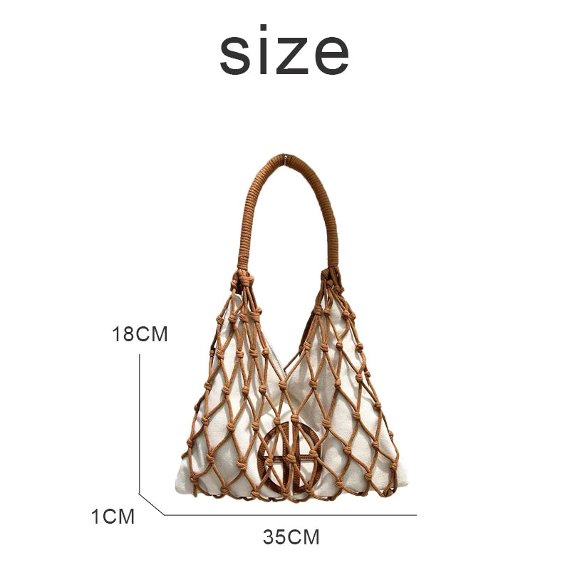 Hollow Out Slim Beach Bags For Women Luxury Designer Handbags Purses 2024 New In Nylon Rope Braided Canvas Inner Pocket Shoulder