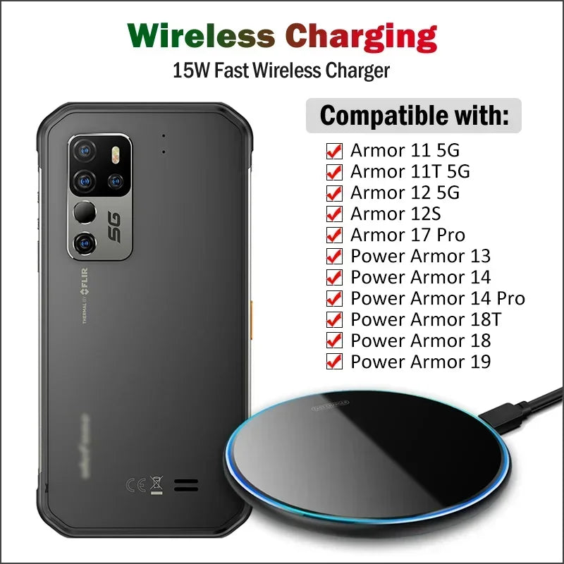 15W Fast Wireless Charger for Ulefone Armor 25T 27T Pro 27 Pro 23 Ultra/Power Armor 19 19T 18 18T Ultra 13 14 Pro Phone Charger