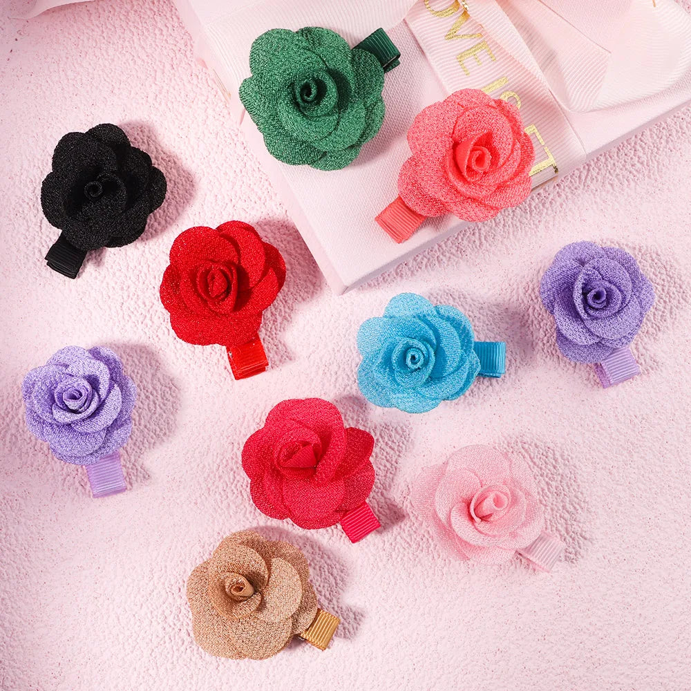 5Pcs/Set Solid Color Sweet Camellia Hair Clips For Kids Girls Flower Hairpins Covered Safety Clips Headwear Hair Accessories