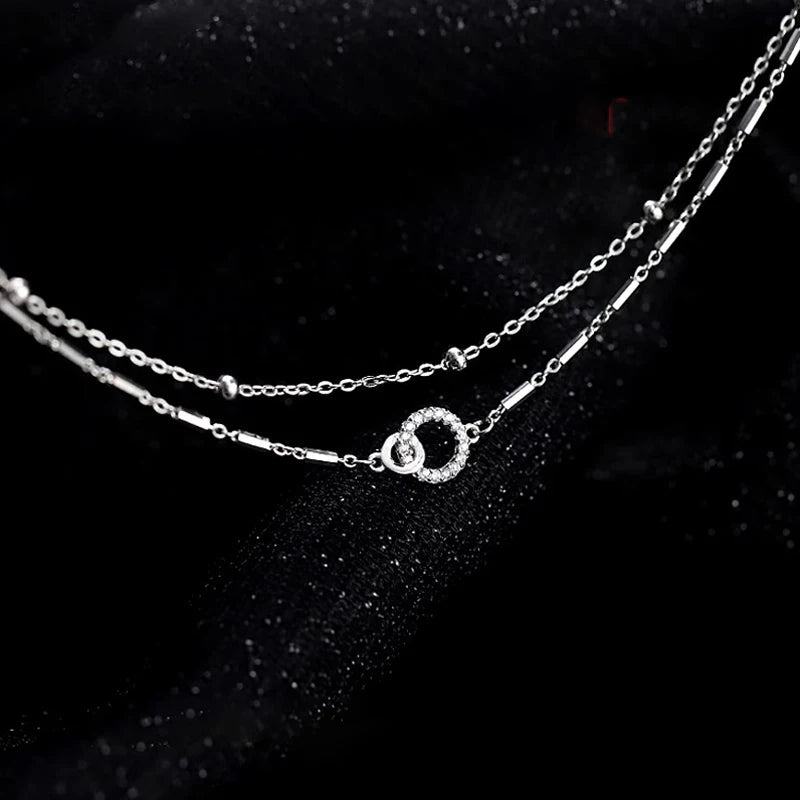 925 Sterling Silver Double Layered Interlocking Bracelet With Sparkling Zirconia Bracelet For Women's Fashionable Jewelry Gift