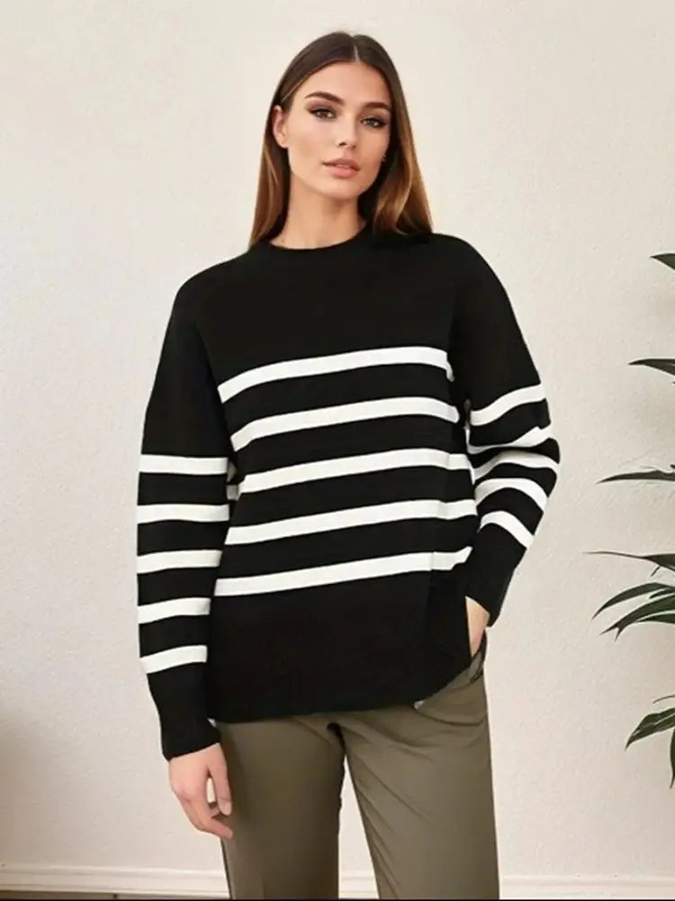 Ladies Striped Knitted Basic Thick Loose Winter Sweater Women Warm Pullover Tops Casual Streetwear Women Sweater Female Jumper