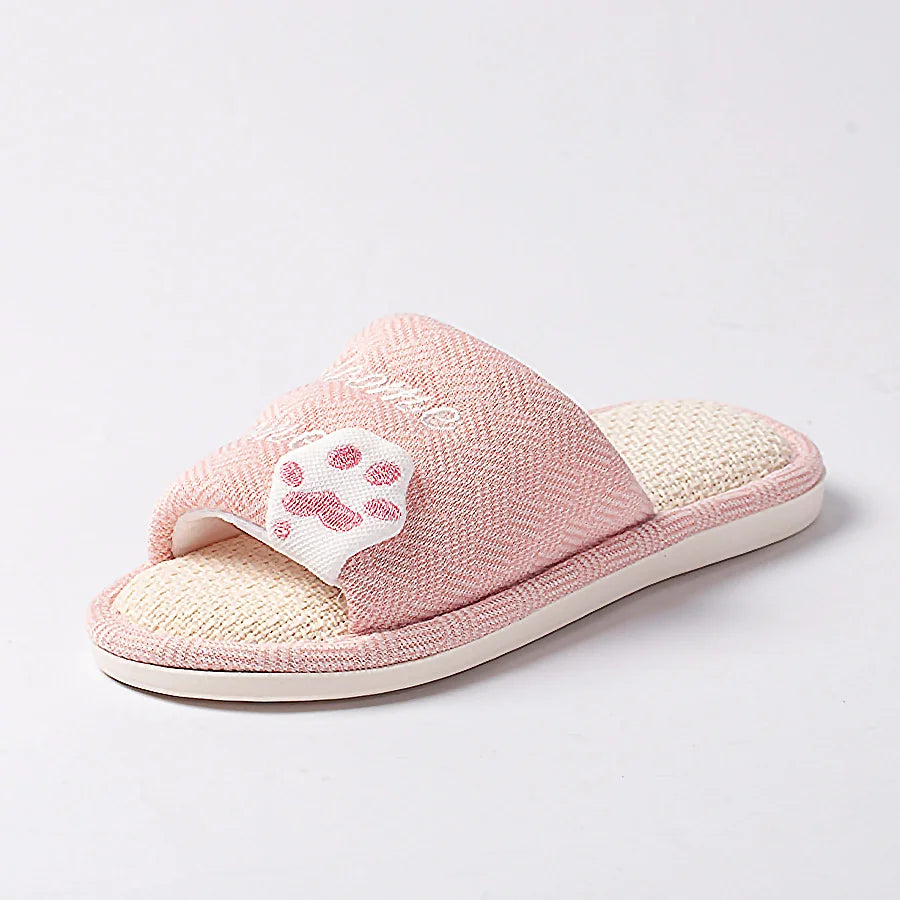 Cute Cat Platform Slippers Women Four Seasons New Linen Women's Thick Sandals Home Cartoon Slides Soft Non-slip Shoes 2024 New