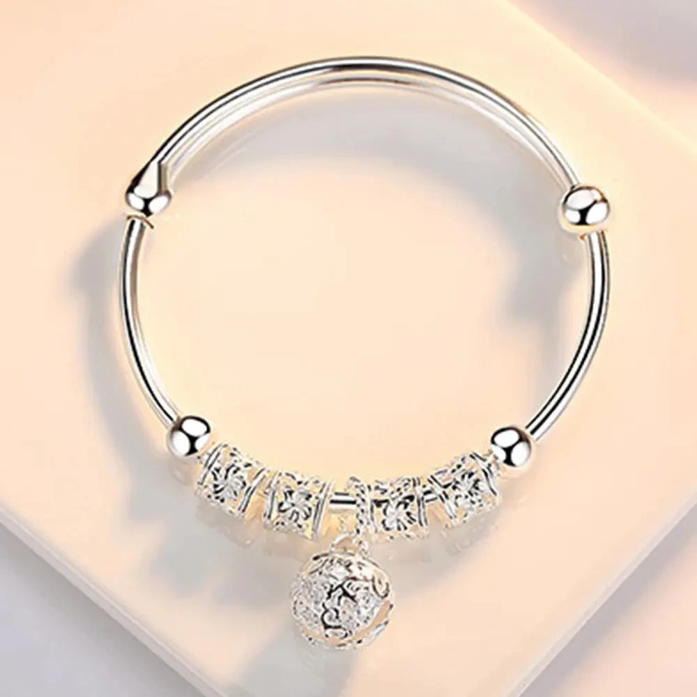 Fine 925 Sterling Silver hollow Bells ball bangles adjustable Bracelets for Women Fashion Holiday gifts Party wedding Jewelry