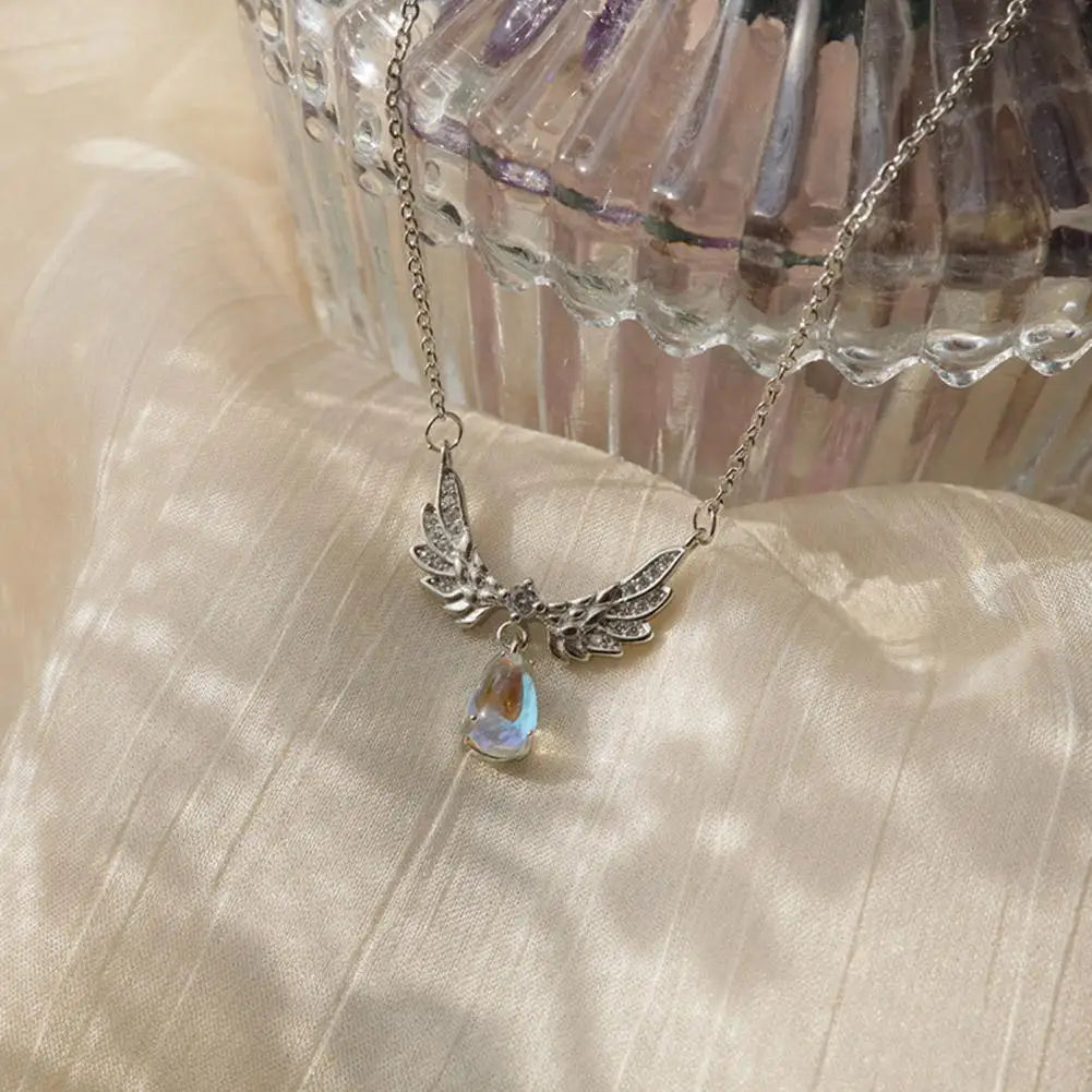Silver Color Inlaid Zircon Angel Wings Pendant Necklace For Women Girls Clavicle Chain Moonstone Pendant Choker Necklace Gifts