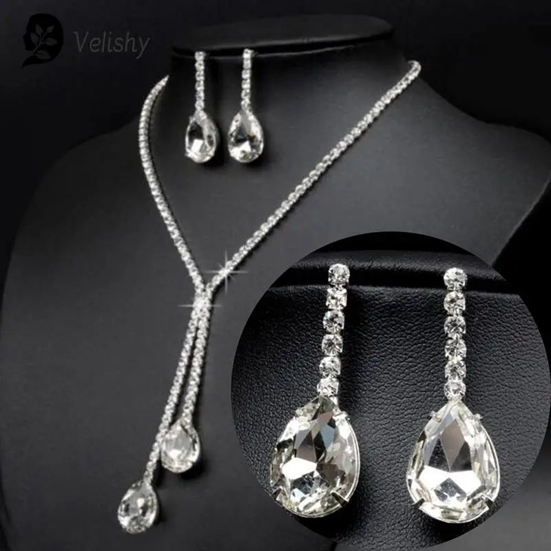 Wedding Luxury Water Drop Crystal Rhinestone Necklace Earrings Jewelry Set