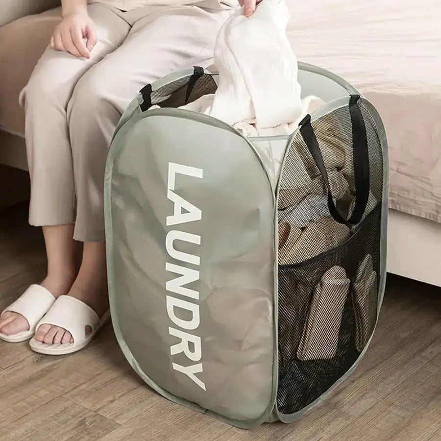 Portable Mesh Pop Up Laundry Hamper Wide Opening Breathable Collapsible Space-Saving Laundry Basket Dorm Travel Bathroom Items