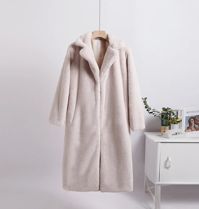 2023 Winter Women High Quality Faux Rabbit Luxury Long Fur Coat Lapel OverCoat Thick Warm Female Plush Jacket Large Size 5XL