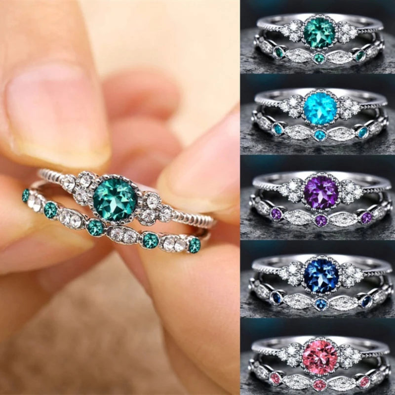 2Pcs/Set Classic Silver Color Ring Green Blue Round Cut Created Birthstone Delicate Slim Ring for Women Bride Wedding Jewlery