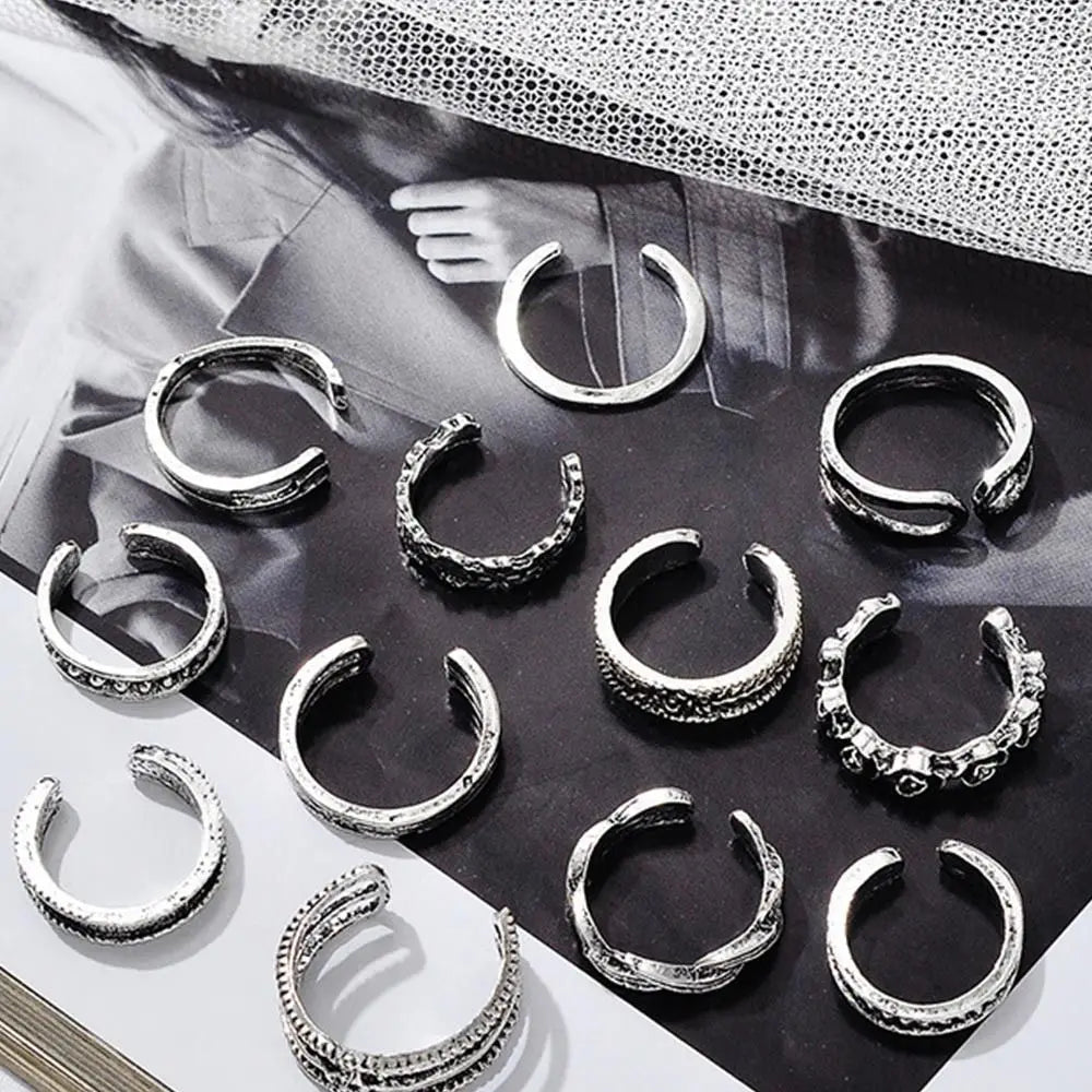 12pcs Summer Toe Rings For Women Outdoor Beach Vacation Open Adjustable Metal Women's Foot Ring Heart Foot Ring Set