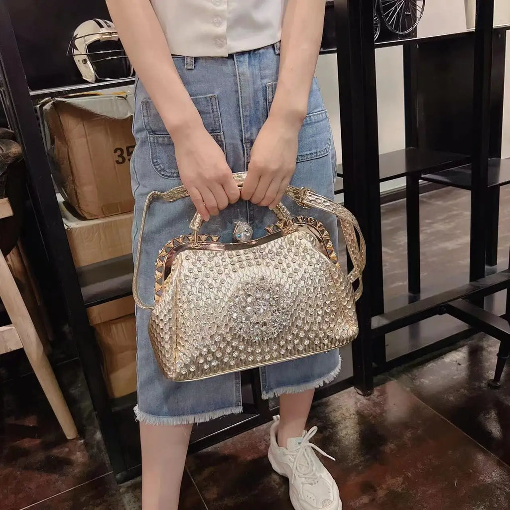 2024 New Luxury Fashion Diamonds Women's Handbags Leather Design Clip Rhinestone Bag Portable Tote Shoulder Messenger Bags