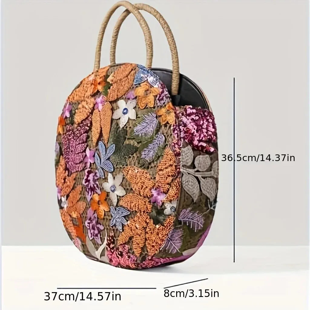 Women Floral Sequins and Straw Tote Bag,Retro Ethnic Round Handbag Suitable for Vacation,Travel,Party and Shopping