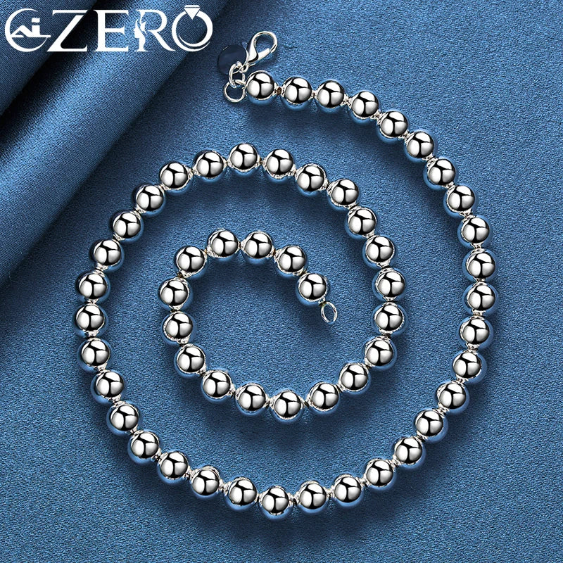 ALIZERO 925 Sterling Silver Smooth 8mm Beads Necklace Bracelet Set For Woman Fashion Charm Wedding Engagement Party Jewelry