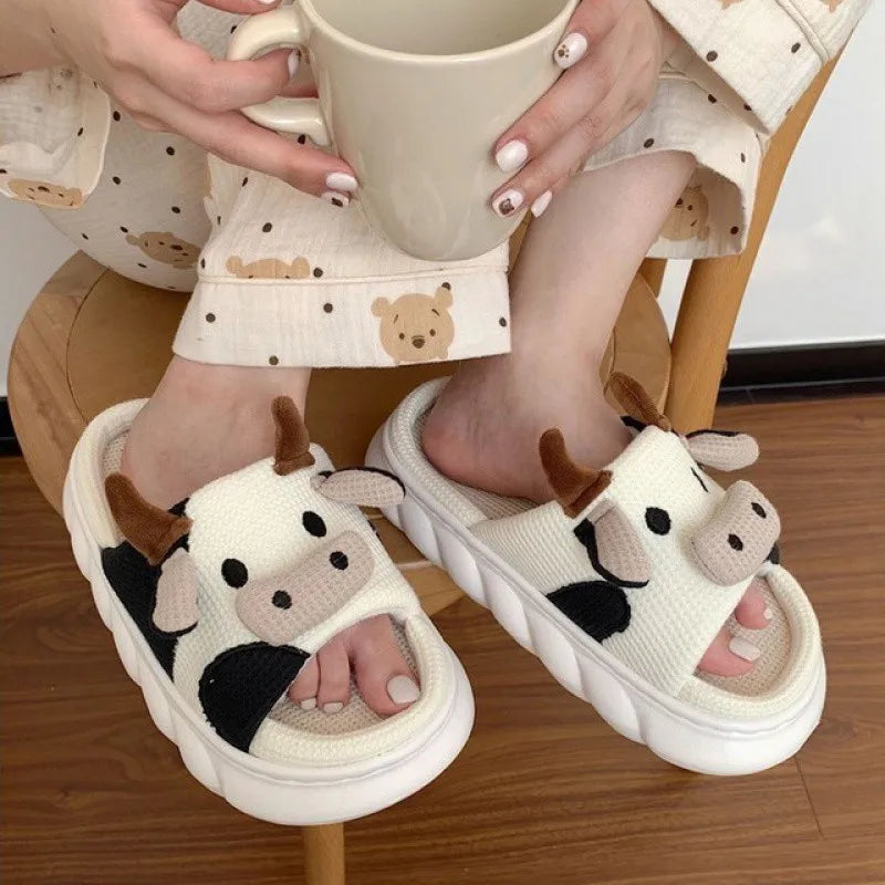 Four Seasons Indoor Home Sandals Cute Cartoon Frog Milk Cow House Slippers Personalized Couple Slides Women Linen Slippers