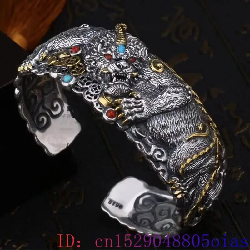 925 Silver Pixiu Tiger Bracelet Natural Jewelry Accessories Amulet Carved Stone Talismans Gifts Designer Bangle Real Gemstone