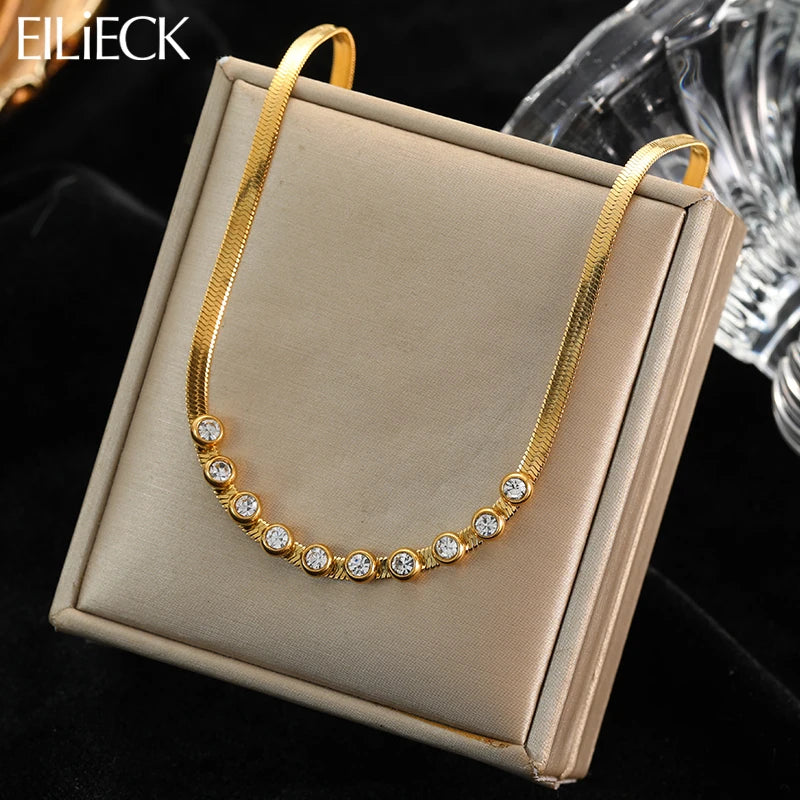 EILIECK 316L Stainless Steel Gold Color Zircon Necklace For Women Simple Style Chain Choker Fashion Wedding Necklaces Jewelry