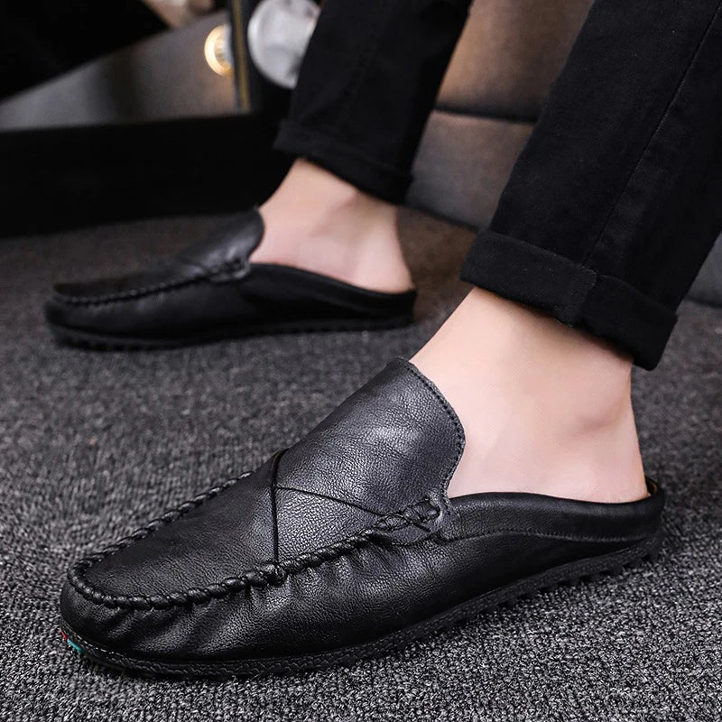 New 2023Half Shoes For Men Leather Half Slipper Slip On 3 Colors Flat Italian Style Fashion Driving Shoes Man Ciabatte