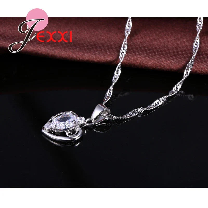 Hot Gift 925 Sterling Silver Jewelry Sets Embed CZ Heart Shape Pendant Necklace & Earring Set For Women Party