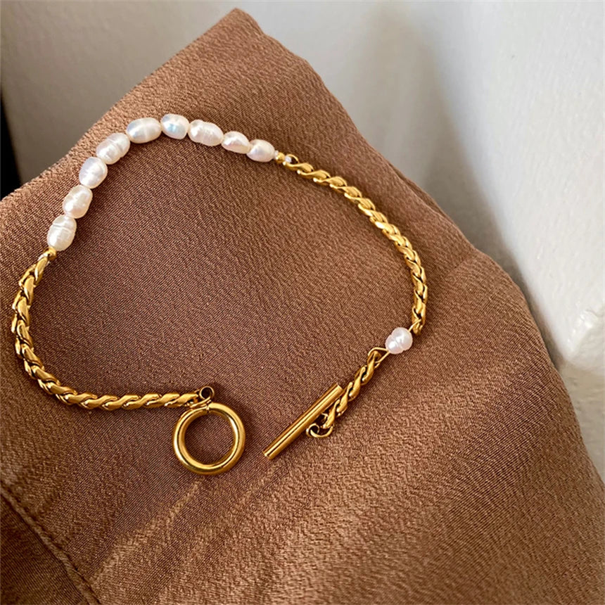 316l stainless steel simplicity vintage irregular shaped pearl ot buckle chain bracelet for women fashion fine jewelry gift b628
