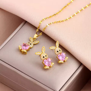 New 316L Stainless Steel Cute Zircon Rabbit Necklaces Earrings For Women Trendy Female Jewelry Set Girls Fashion Clavicle Chain