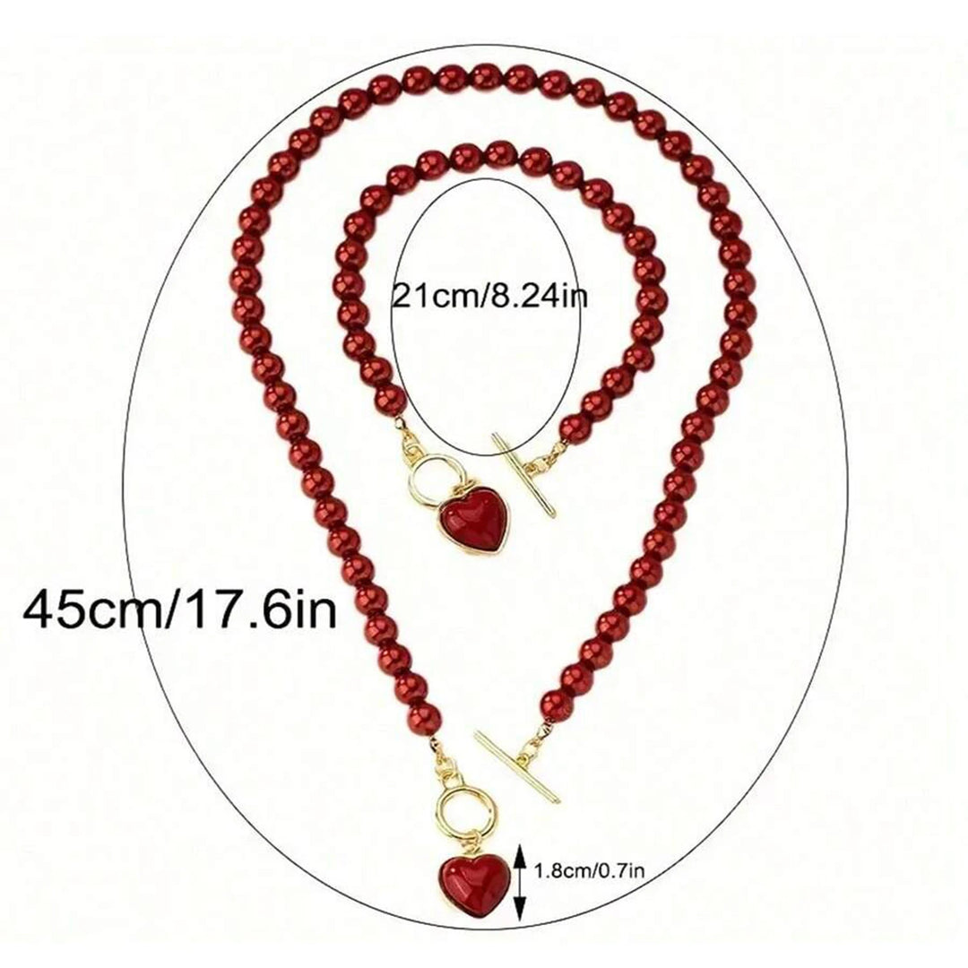 2-piece fashion red imitation pearl bracelet necklace set Mother's Day gift/women's niche high-end luxury style love cla