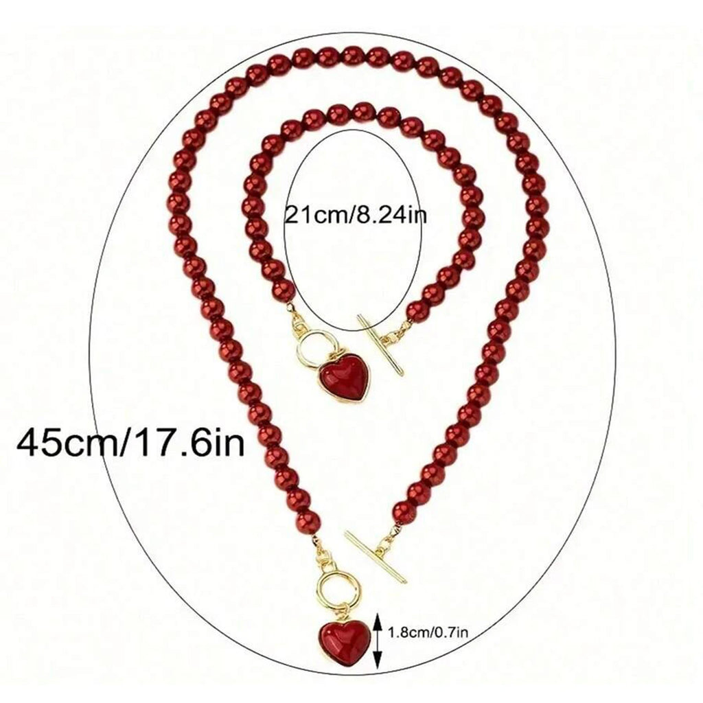 2-piece fashion red imitation pearl bracelet necklace set Mother's Day gift/women's niche high-end luxury style love cla