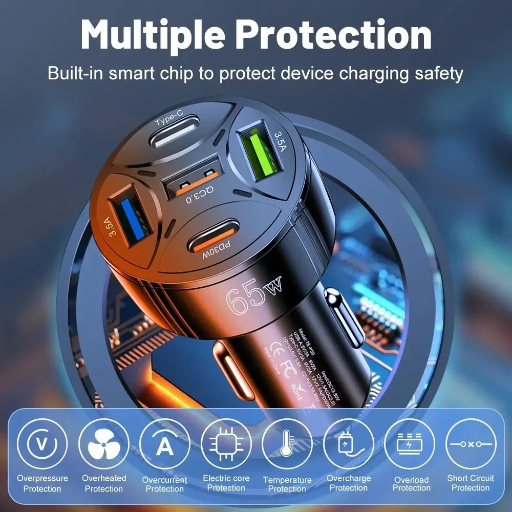 5 Port 65W USB Car Chargers Type C Car Charger Fast Charging PD QC3.0 Phone Charger in Car For iPhone Xiaomi Huawei Samsung