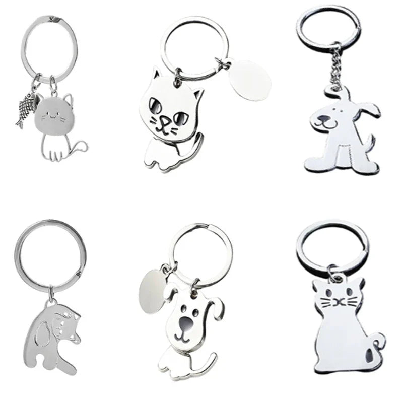 1pcs Creative Cartoon Cat Dog Metal Keychain Cute Animal Key Ring Charms Pet Lovers Souvenir Bag Pendant Ornaments Accessories