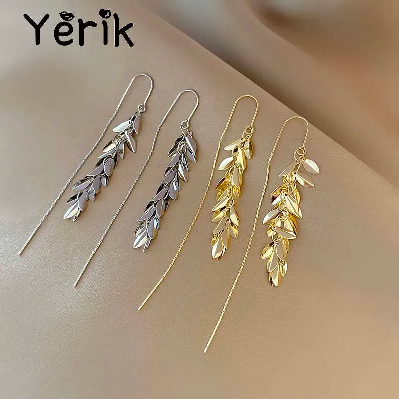 New Yerik Drop Earrings For Women Romantic Wheat Ear Shape Gold Color Long Tassel Ear Line Fashion Female Jewelry Ladies Gift