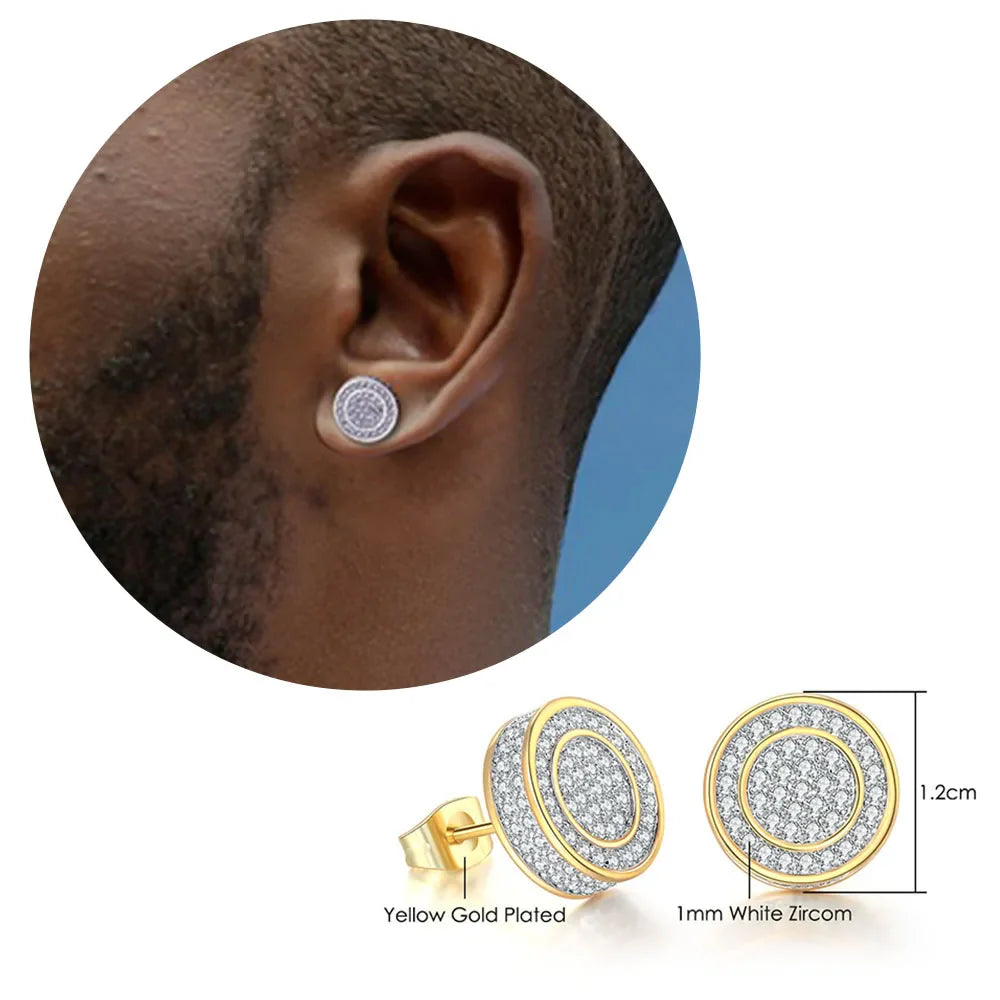 Round Hip Hop Ice Studded Earring for Men Gold Color Iced Out Zircon Piercing Ear Accessories Personality Jewelry for Women