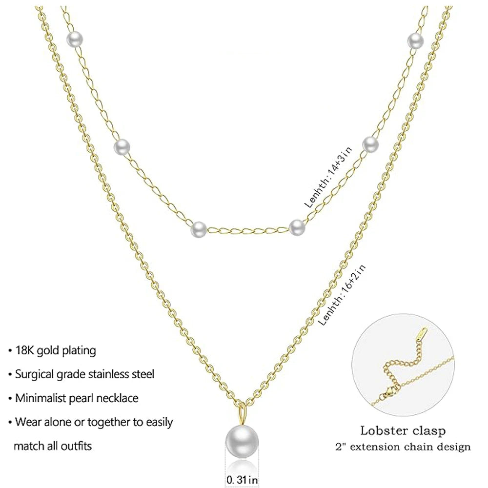 18K Gold Plated Stainless Steel Layered Necklace for Women Dainty Pearl Choker Necklace Pendant Trendy Simple Jewelry Gifts