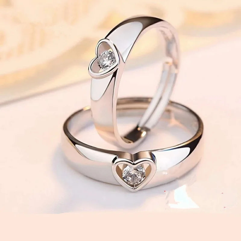 2Pcs/sets Geometric Love Heart Zircon Rings Paired Rings for Couple Promise Matching Wedding Ring Set Senior Designer Jewelry