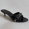 Vintage Black Stud Buckle Heels Women's Casual and Versatile Stiletto Slippers New Trendy Toe Flip-flops Shoes for Women