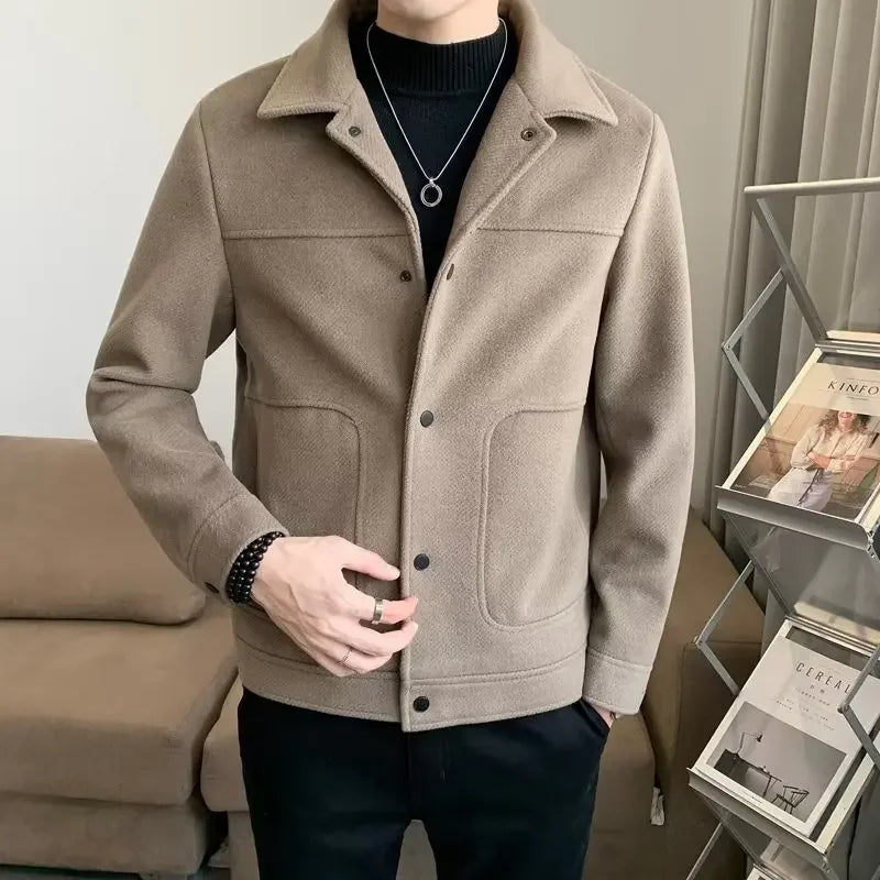 Woolenjacket Men's Autumn Winter Cropped Trendy Slim Fit Casual Jacket Solid Color Sweater Coat For Men Loose Fit Border Lapel