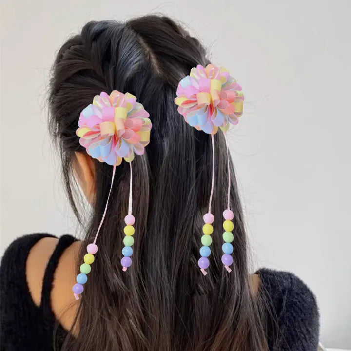 2Pcs Flower Hair Clips For Girls Sweet Bead Tassel Hairpins Boutique Hydrangea Hairgrips Headwear Kids Hair Accessories