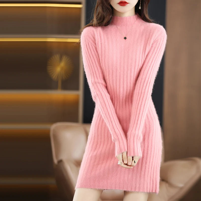 Autumn and Winter 2022 Long Women's Sweater 100% Mink Cashmere High Neck Knitted Pullover Korean Fashion Soft Women's Top