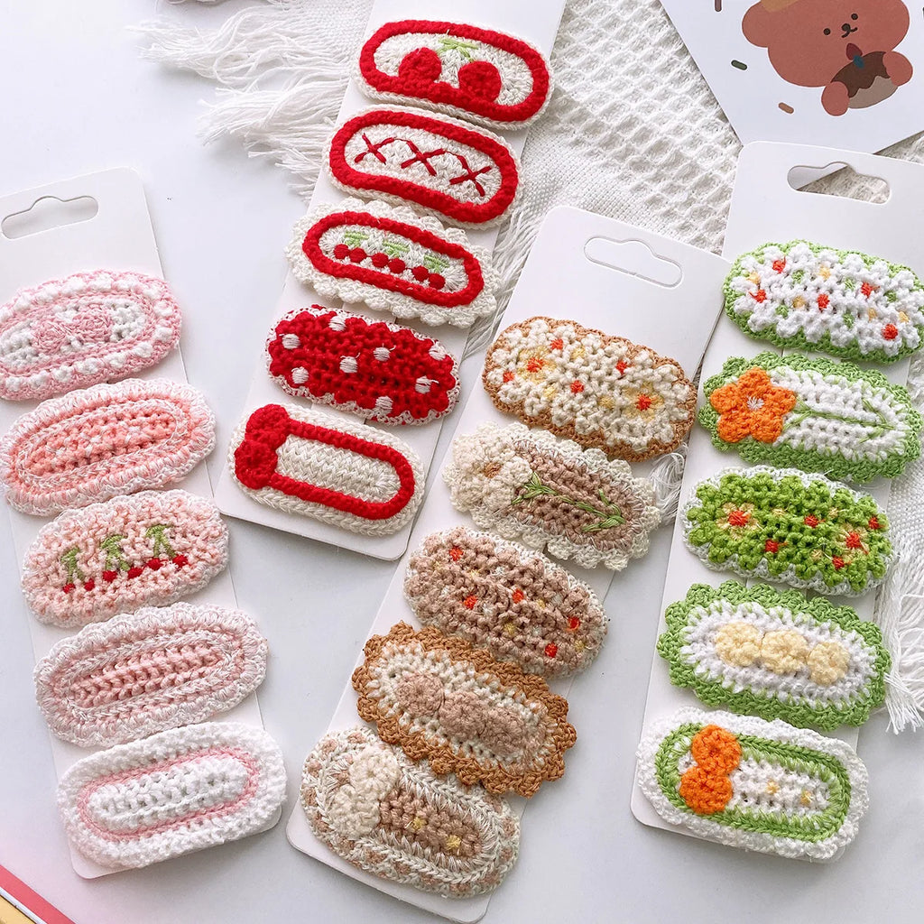 5pcs Korean Hairpin for Kids Little Girls Cute Sweet Floral Knit Plush Children Barrettes Headwear Hair Accessories