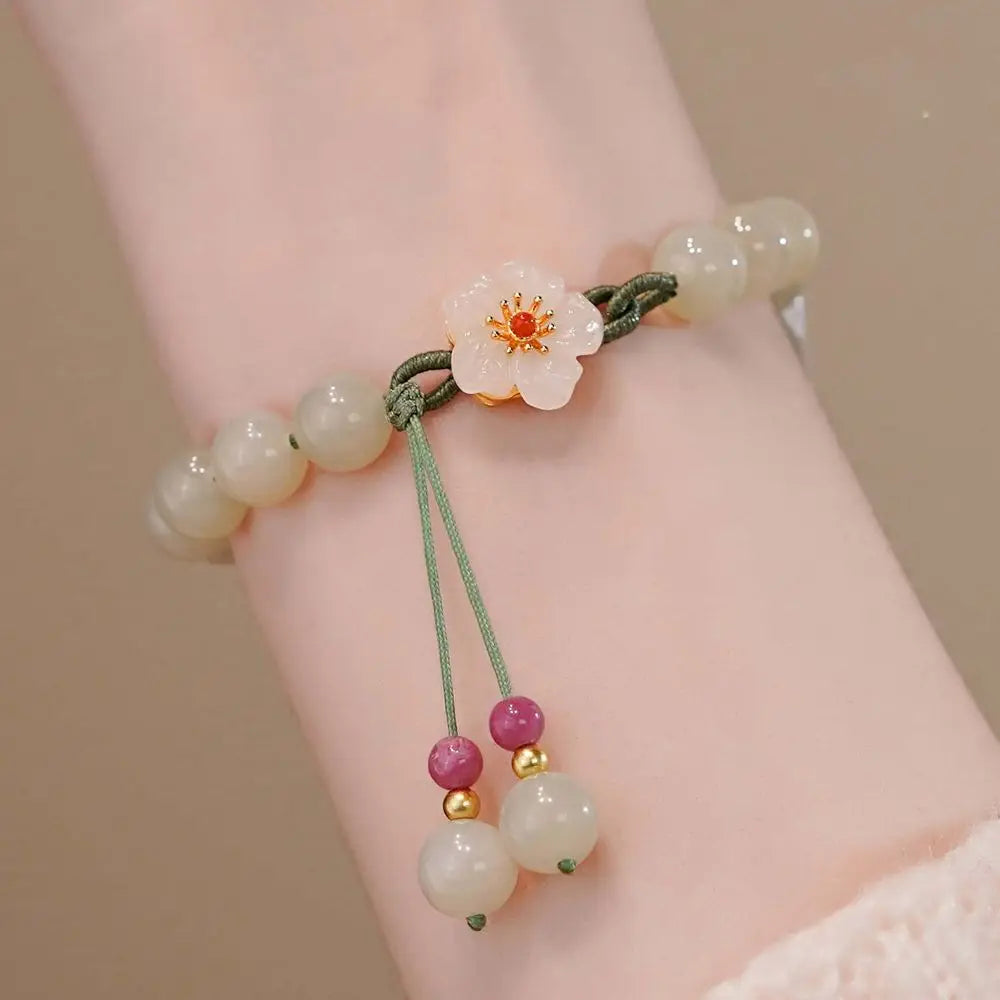 New Chinese Style Jade Bracele Women's Flower Bead Bracelets Step By Step Commemorate Woven Hand Rope