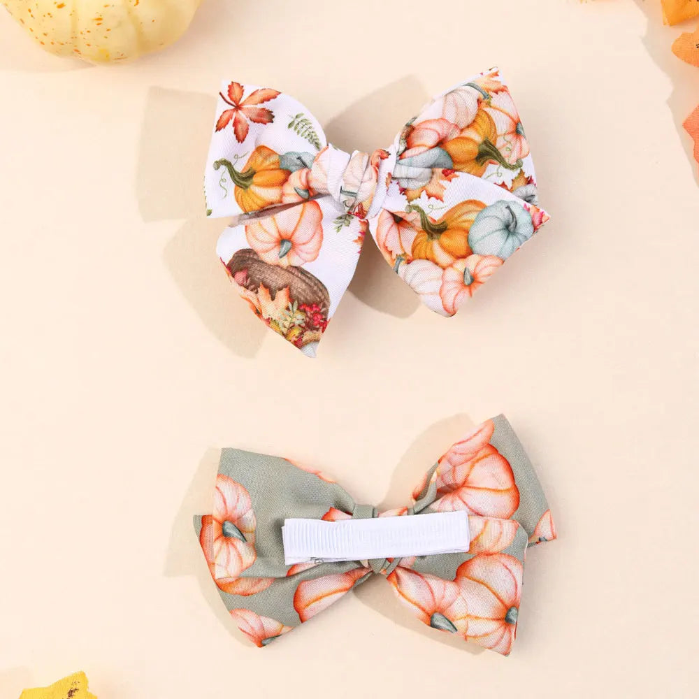 1/2PCS Thanksgiving Hair Bow Clips For Girls Ribbon Maple leaf Pumpkin Printing Hairpins Headwear Kids Hair Accessories