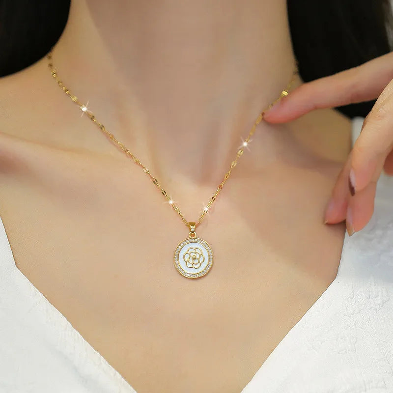 High grade camellia zircon jewelry sets stainless steel trendy flower pendant necklace earrings party gifts for women girls