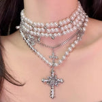 Load image into Gallery viewer, Y2K Accessories Pearl Cross Necklaces Multi Layer Choker Set Charms Necklace for Women Korean Fashion Necklace Punk Goth Jewelry
