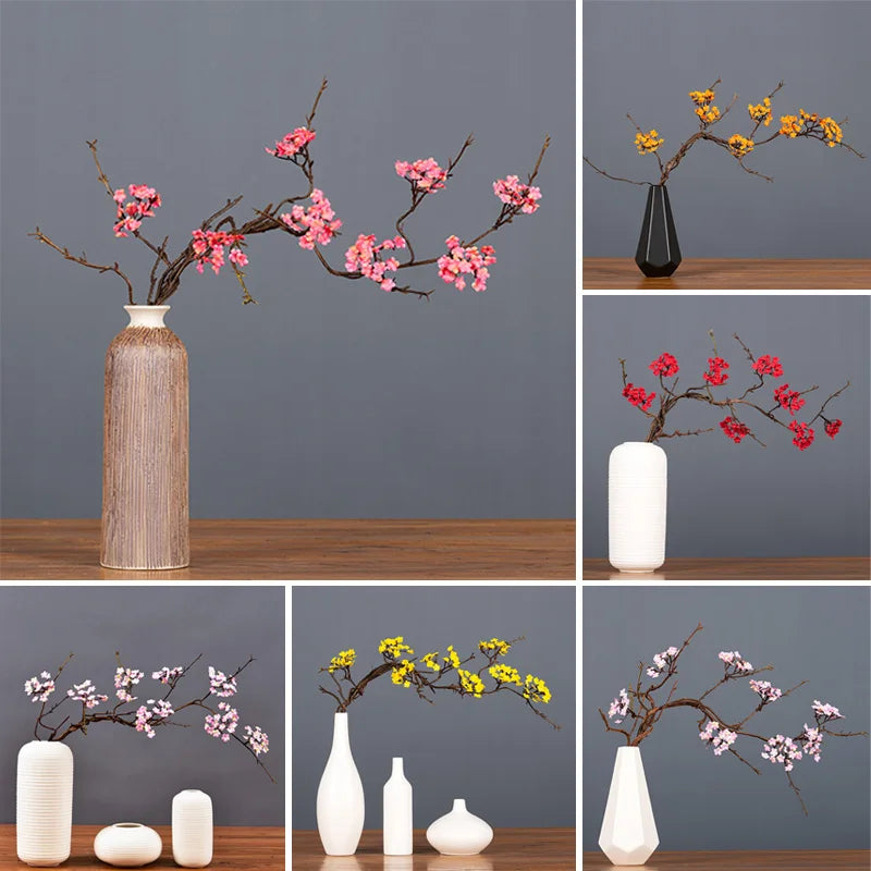 Zen Simulation Cherry Blossom Vine Branch Decor Dried Branches Tea Room False Flower Ornament Backdrop Home Wall Decor Accessory