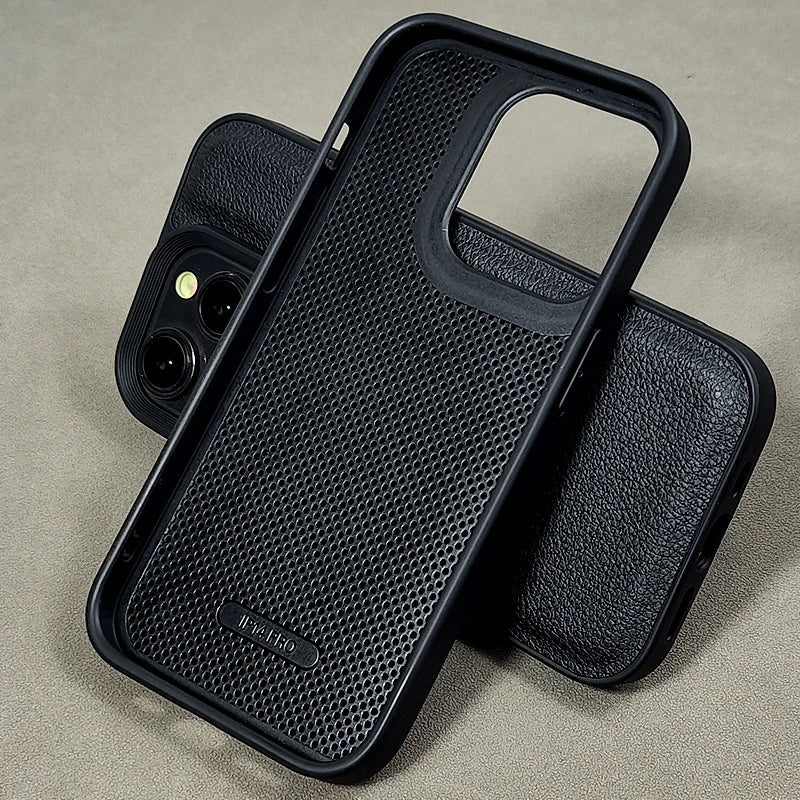 Luxury Black Faux Artificial leather Lychee pattern case For iPhone 12 13 14 15 pro max Hard back Silicone frame Cover