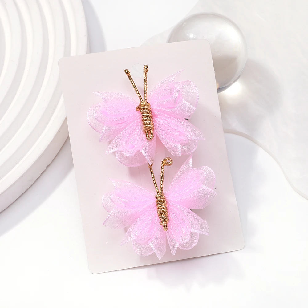 2pcs/set Butterfly Hair Clip Gradient Flocking Hairpins with Gold Color Cute Gauze Headwear Girls Children Hair Accessories Gift