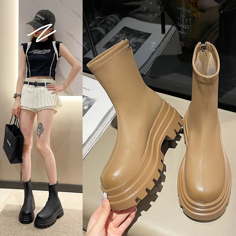 Round Toe Women's Rubber Boots Shoes Boots-Women Winter Footwear Flat Heel Chelsea Zipper Rain High Heel Autumn Ladies 2023 Loli