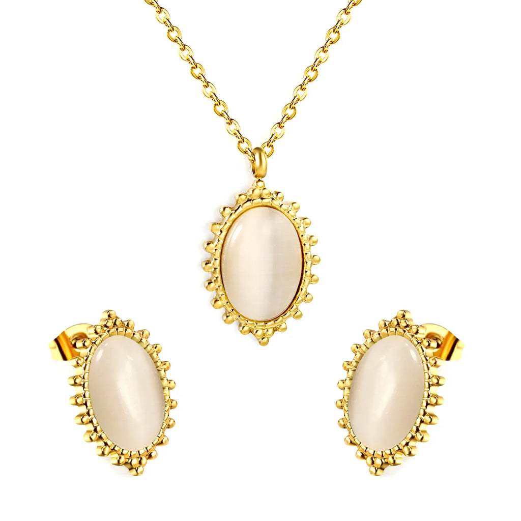 ASONSTEEL Classic Stainless Steel Gold Color Stimulate Pearls Opal Jewelry Sets For Women Necklace Earring Jewlery Sets Wedding