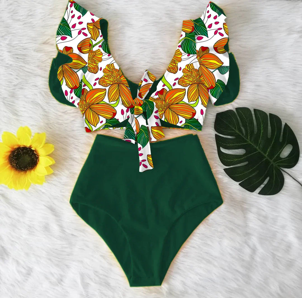 Sexy Bikinis 2024 New Double Shoulder Ruffle Bikini Set High Waist Swimwear Women Swimsuit V-Neck Bathing Suit Beach Wear Swim
